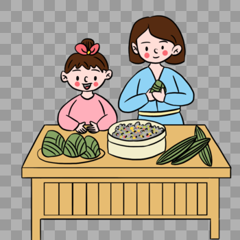 清新卡通母女端午节包粽子场景图片素材免费下载