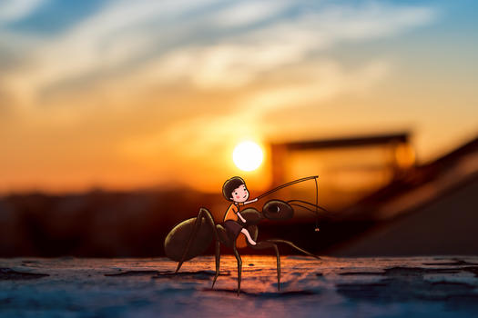 骑着蚂蚁的小男孩图片素材免费下载