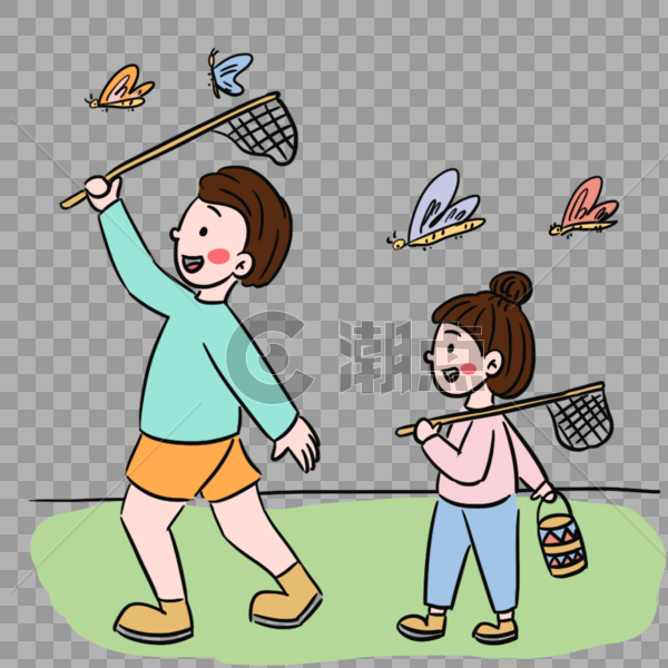 可爱卡通父女户外捉蝴蝶场景设计元素1000*1000图片素材免费下载-编号493634-潮点视频