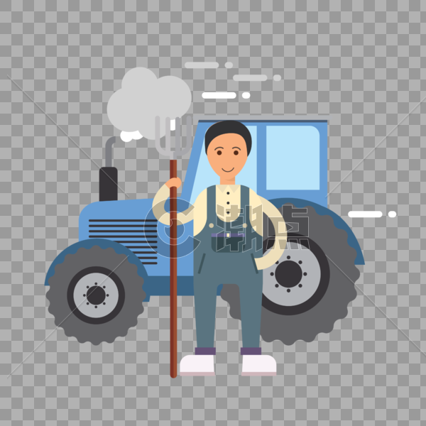 蓝色拖拉机前面站着拿着鱼叉的农民图片素材免费下载