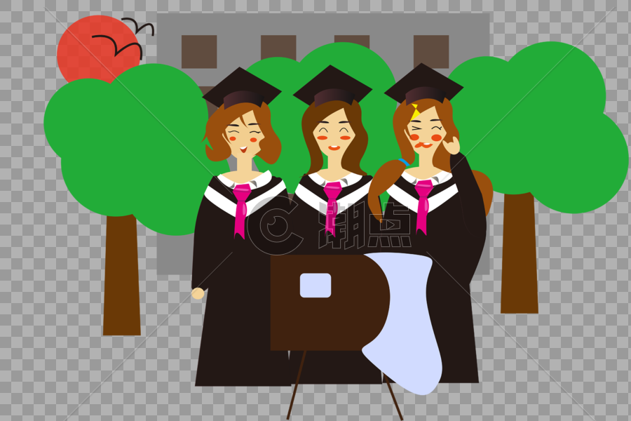 三个女学生在教学楼前面一起拍毕业照图片素材免费下载