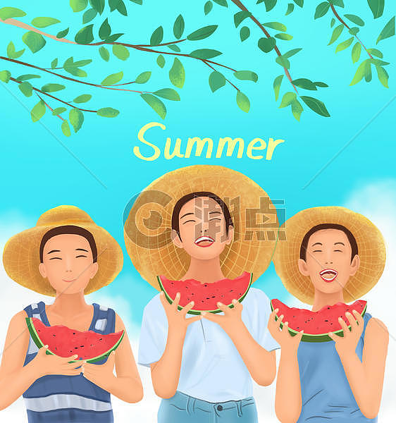 夏天吃西瓜的男孩图片素材免费下载