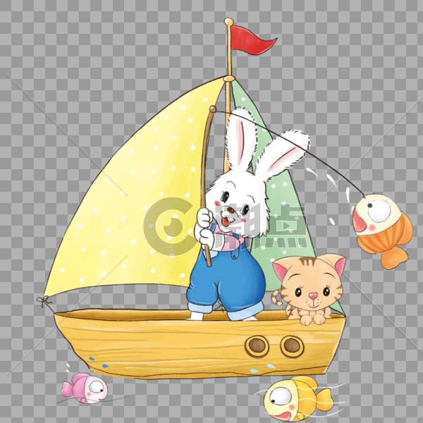 小兔和小猫钓鱼图片素材免费下载