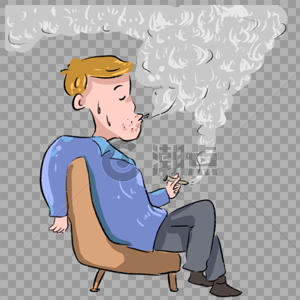 手绘男生做在椅子上吸烟漫画图片素材免费下载