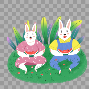 可商用扁平卡通时尚情侣兔子草地上吃西瓜图片素材免费下载