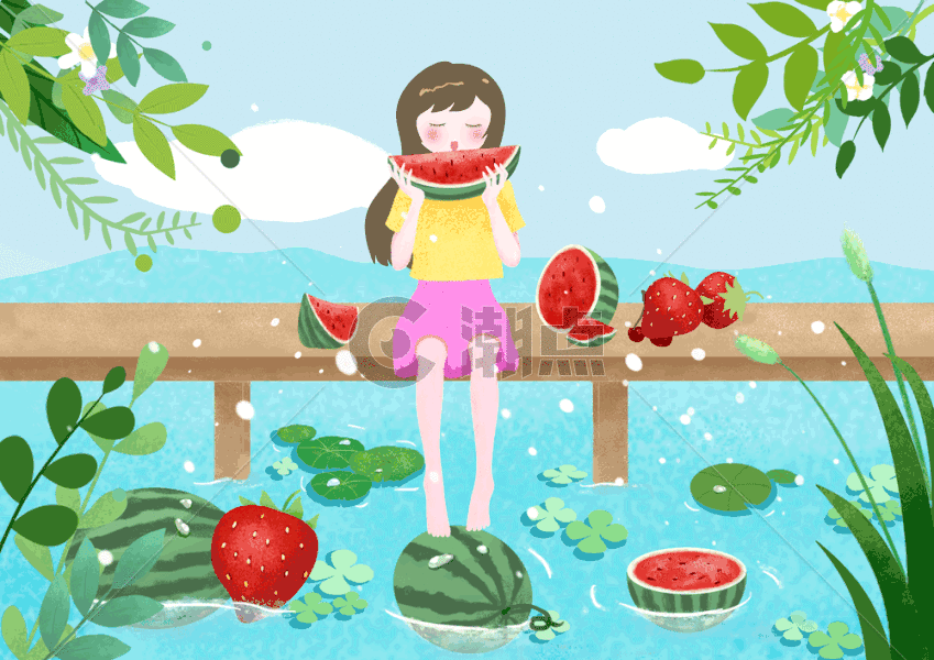夏天 草莓 西瓜 河岸的女孩gif图片素材免费下载