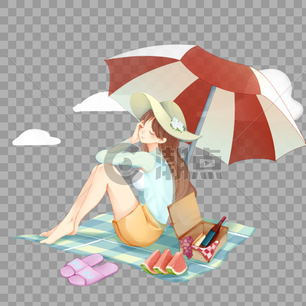 夏日沙滩在伞下乘凉的野餐少女图片素材免费下载