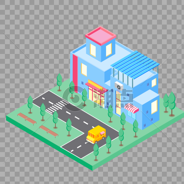 2.5D蓝色小清新场景房子建筑插画图片素材免费下载