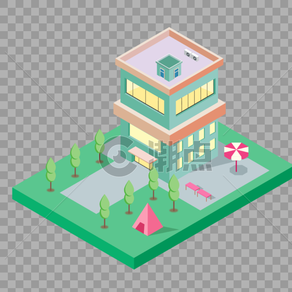 2.5D小清新绿色居民房子建筑插画图片素材免费下载