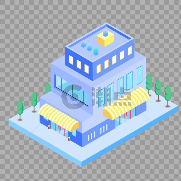 蓝色小清新房子2.5D插画图片素材免费下载