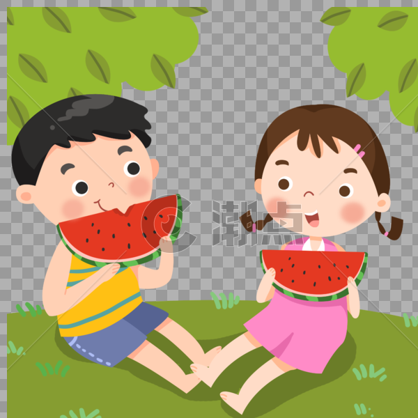 夏天坐在树下乘凉吃西瓜的小孩图片素材免费下载