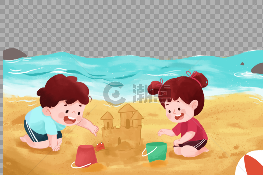 夏天儿童在海边沙滩玩沙子图片素材免费下载
