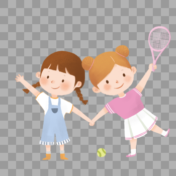 手绘夏季两个小女孩打网球图片素材免费下载