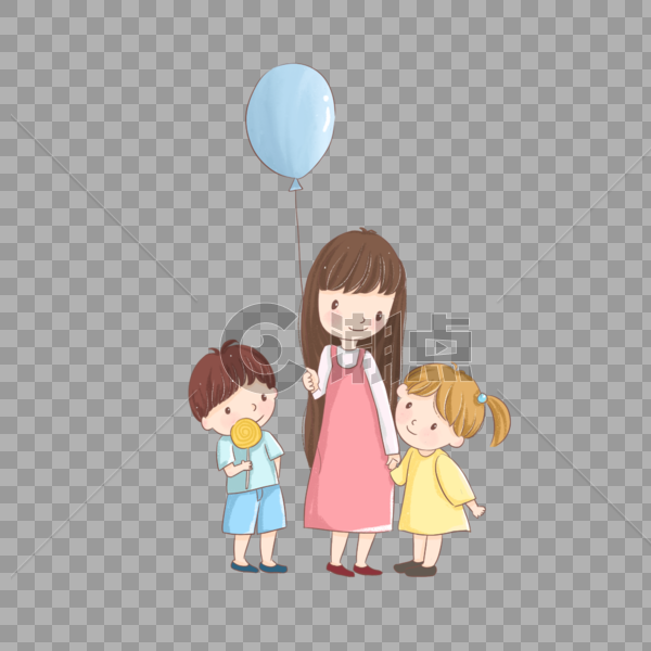 儿童节三个小女孩站在路边交谈拿蓝色气球卡通手绘图片素材免费下载