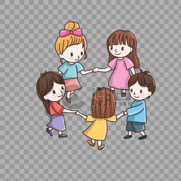 儿童节一群孩子正在牵着手玩游戏卡通手绘图片素材免费下载