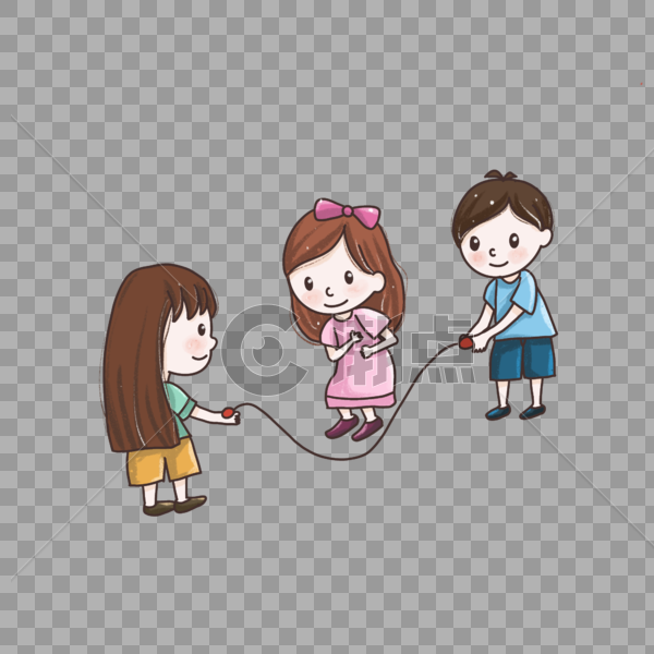 儿童节可爱的三个小孩正在玩跳绳游戏卡通手绘图片素材免费下载