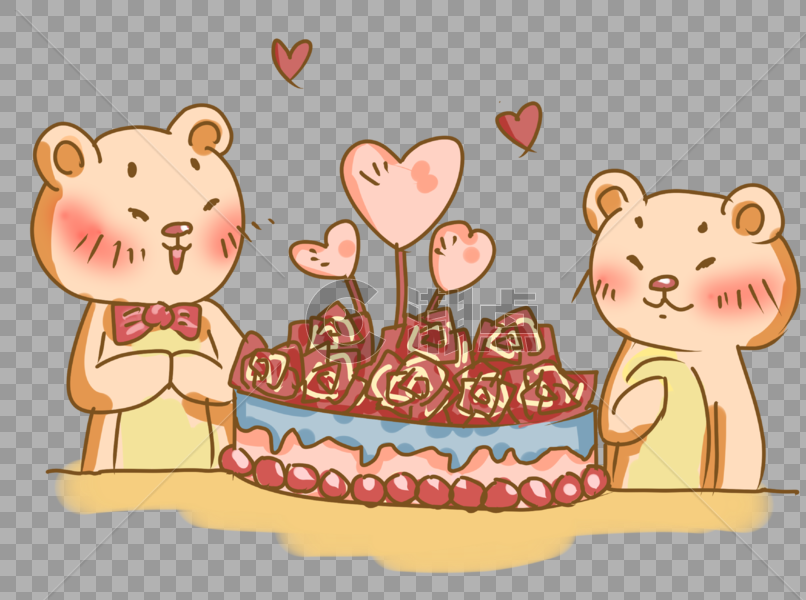 原创七夕情人节小熊玫瑰蛋糕插画PNG图片素材免费下载