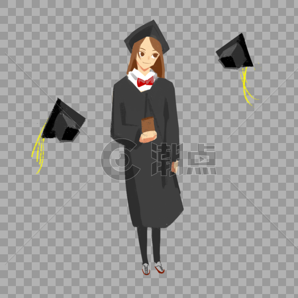 毕业的女孩穿着学士服后边有飞起来的学士帽图片素材免费下载