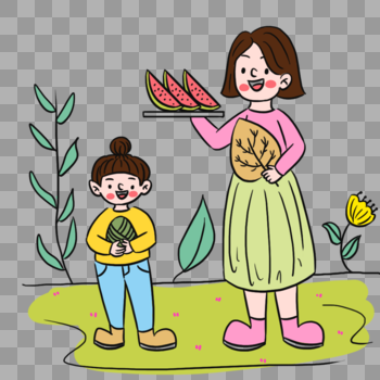 清新简约夏天母女吃西瓜场景图片素材免费下载