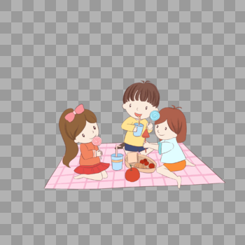 儿童节坐在格子餐布上吃东西的三个小孩图片素材免费下载