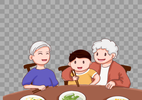 温馨爷爷奶奶教孙子用筷子吃饭插画图片素材免费下载