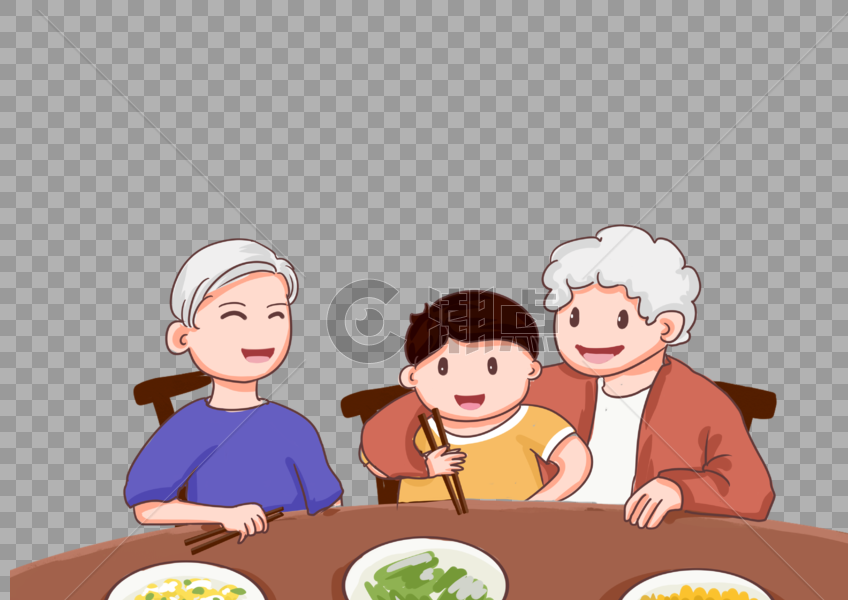 温馨爷爷奶奶教孙子用筷子吃饭插画图片素材免费下载
