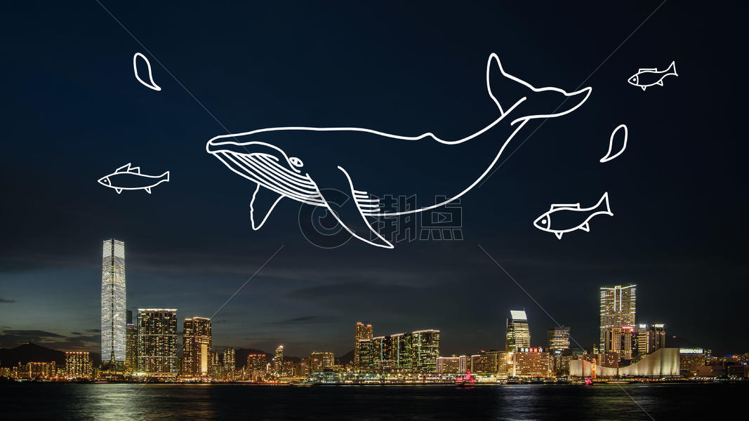 创意插画维多利亚港夜景鲸鱼图片素材免费下载