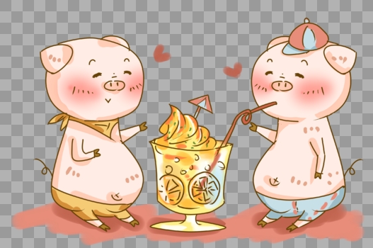 原创夏日猪猪喝柠檬冰淇淋果汁插画PNG图片素材免费下载