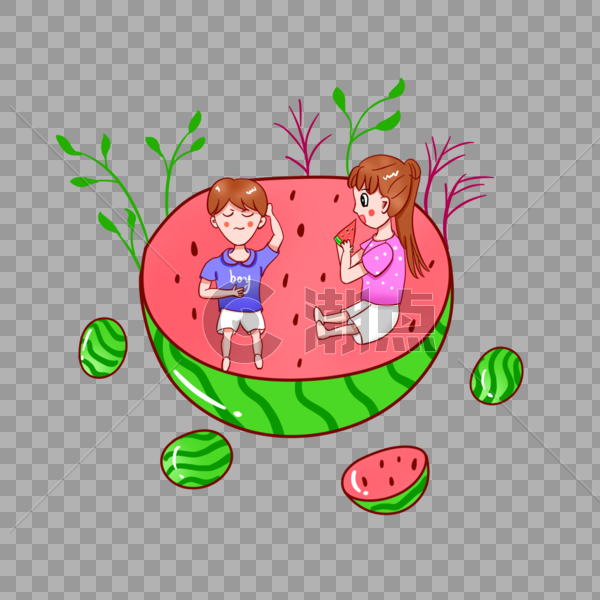 坐在西瓜上吃西瓜的孩子图片素材免费下载
