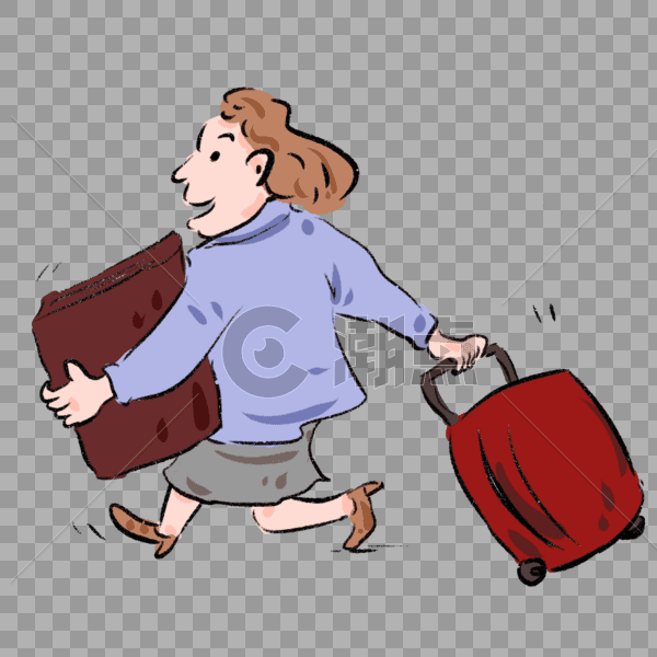 手绘女生拖着行李箱抱着重物出走漫画图片素材免费下载