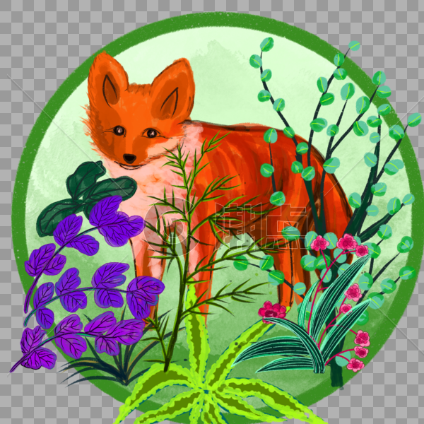 中国风水彩水墨花丛中的狐狸图片素材免费下载