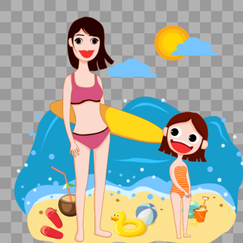 海边度假的母女图片素材免费下载