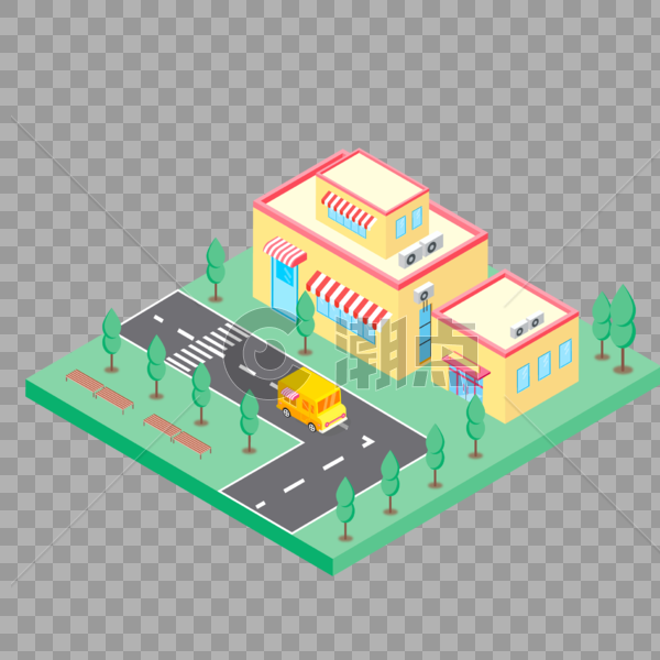 2.5D黄色小清新生活场景房子建筑公路插画图片素材免费下载