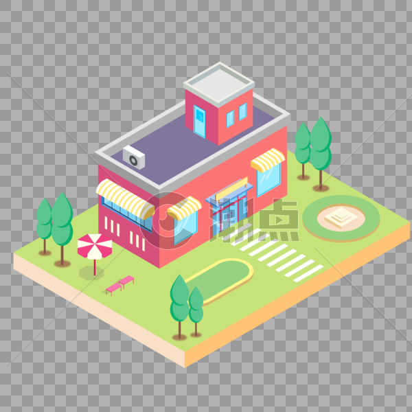 2.5D小清新绿色场景红色房子插画图片素材免费下载