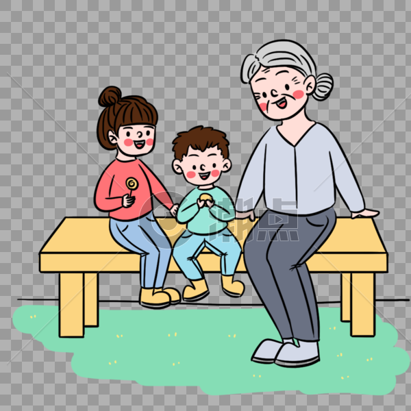 清新卡通二胎家庭奶奶带孩子场景图片素材免费下载