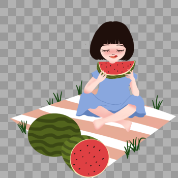 坐在餐布上吃西瓜的女孩图片素材免费下载