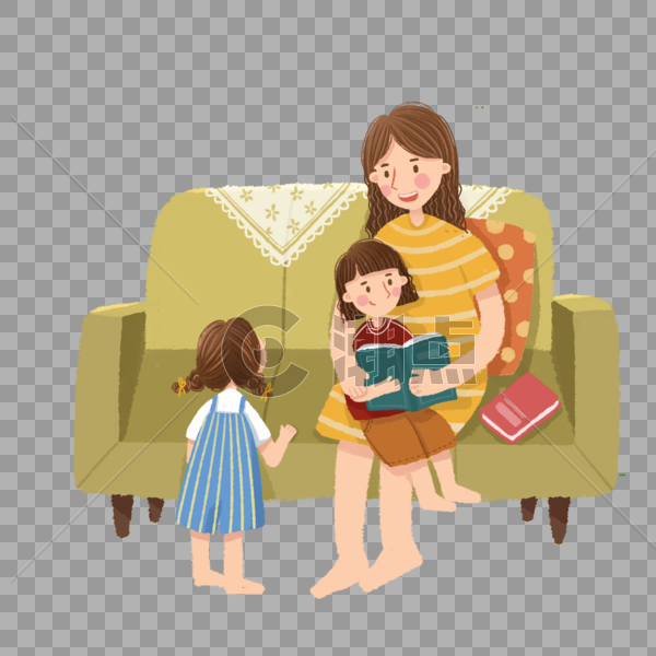 坐在沙发上教孩子读书的母亲图片素材免费下载