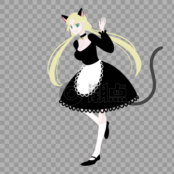 黄色低双马尾黑白猫咪女仆装猫耳猫尾巴女孩图片素材免费下载