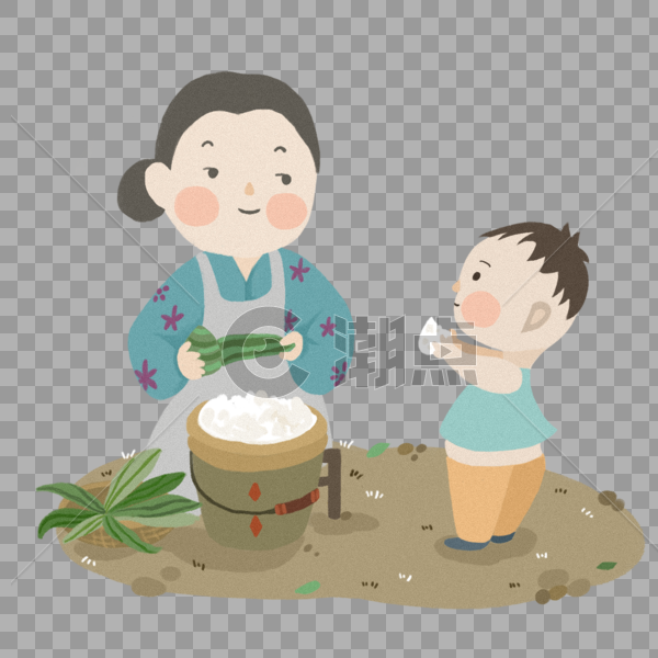 包粽子的母亲与吃粽子的小孩图片素材免费下载