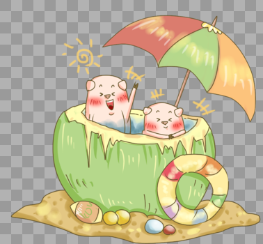 夏日猪猪沙滩与椰子插画PNG图片素材免费下载
