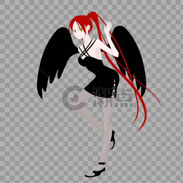 红色单马尾黑色翅膀女妖恶魔怪物女孩图片素材免费下载