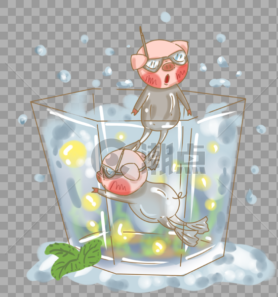原创夏日玻璃杯与游泳的猪猪插画PNG图片素材免费下载