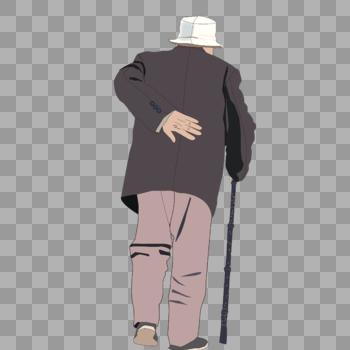 卡通手绘人物扶着腰拄着拐杖走路的老人图片素材免费下载