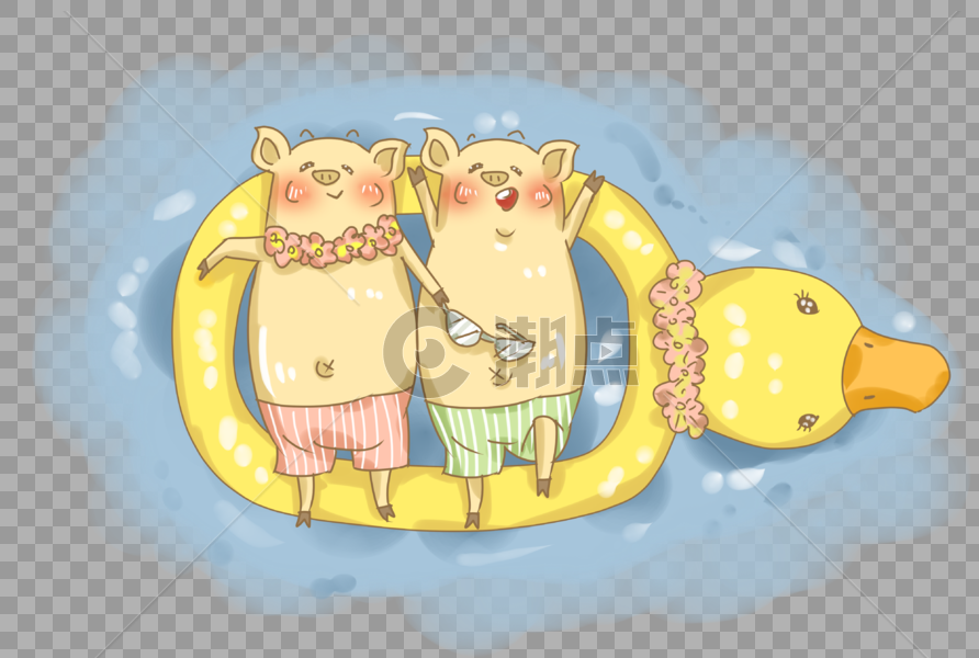 夏日大黄鸭游泳圈与猪猪插画PNG图片素材免费下载