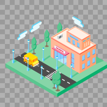 2.5D小清新橙色房子建筑公路汽车插画图片素材免费下载