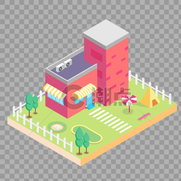 2.5D小清新绿色围栏家里场景红色房子插画图片素材免费下载