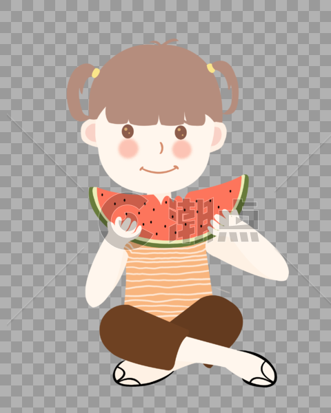 夏至吃西瓜的小女孩坐着插画元素手绘图片素材免费下载