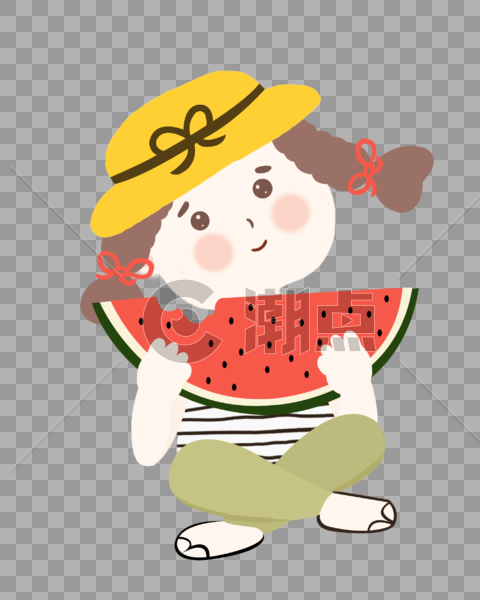 夏至吃西瓜的小女孩帽子可爱插画元素手绘图片素材免费下载