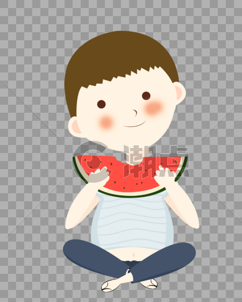 夏至吃西瓜的小男孩歪头可爱插画元素手绘图片素材免费下载
