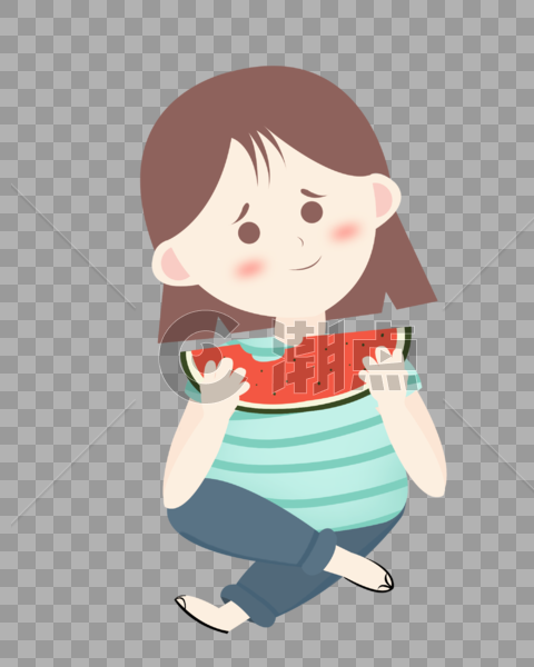 夏至吃西瓜的小女孩翘腿可爱插画元素手绘图片素材免费下载